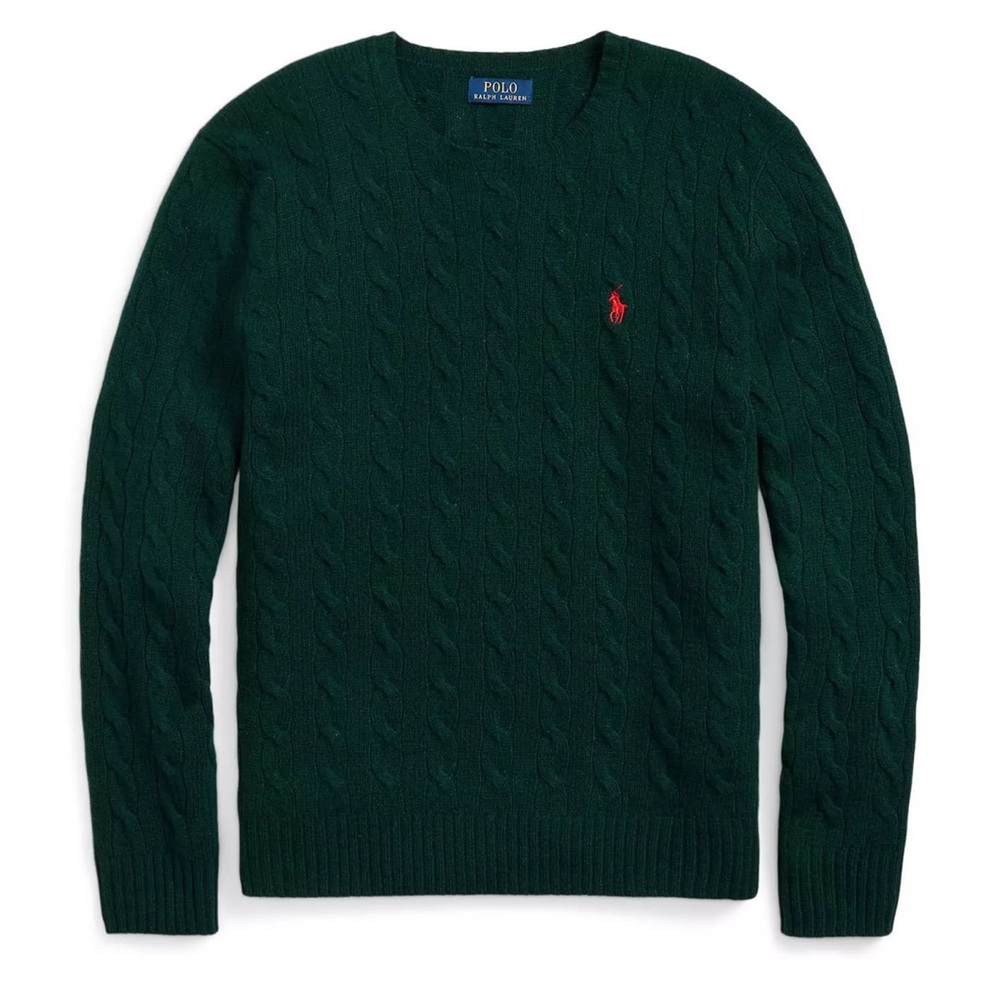 Polo by Ralph Lauren Forest Green Cable Knit Crewneck Sweater with Red Pony